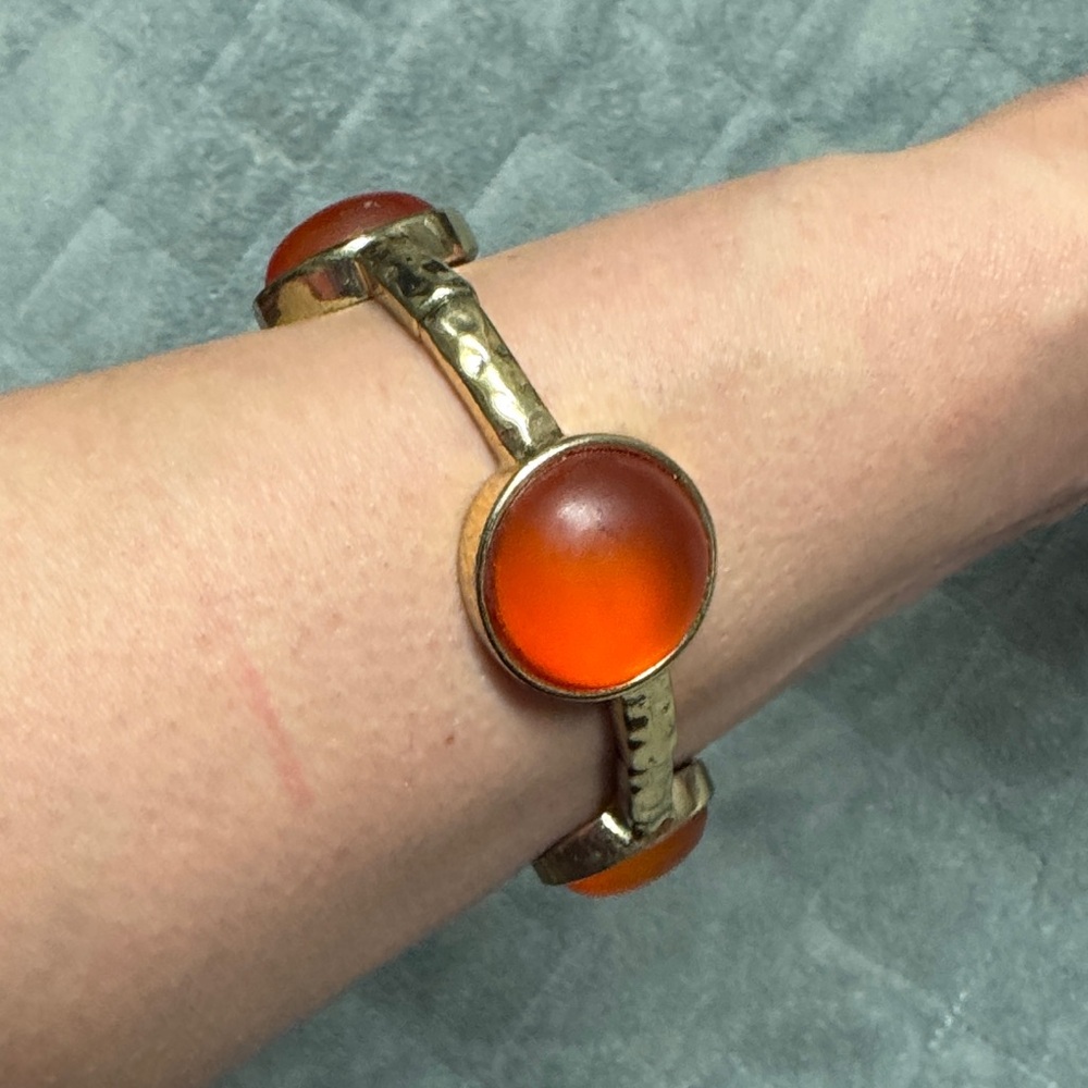 Vintage Stretch Bracelet, Gold, Orange Gemstones, Retro, Boho